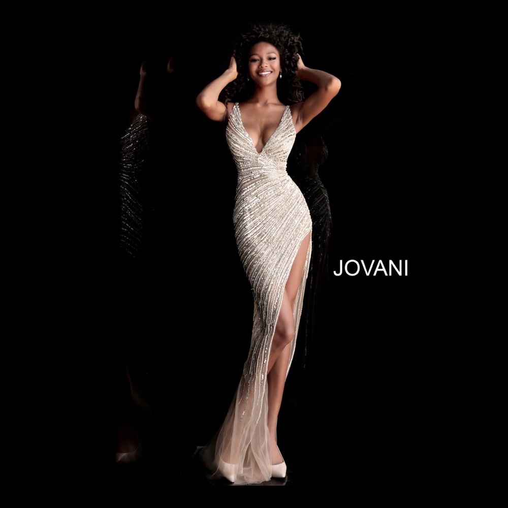 JOVANI 63405 Asymmetrical Beaded Illusion Gown